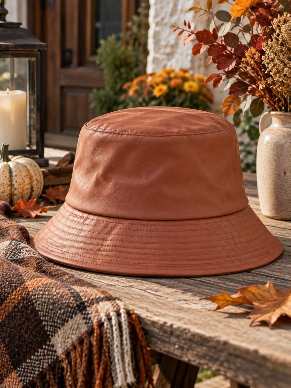 Rust Brown Vegan Leather Bucket Hat Lined Fisherman Boho 90s Adjustable 22-22.8"
